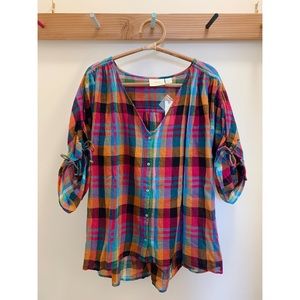 Anthropologie rainbow plaid linen button top, L/XL